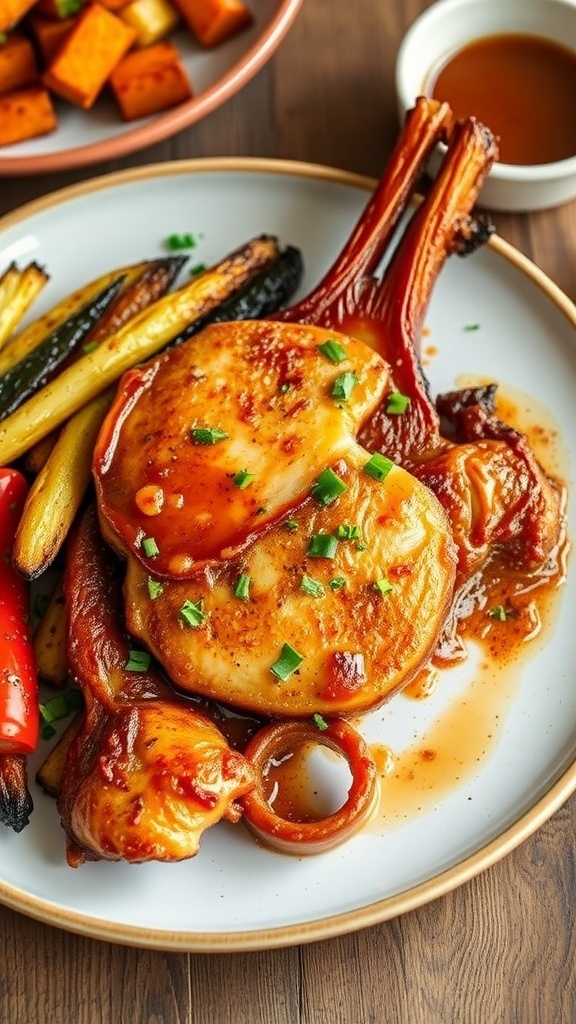 Crispy Air Fryer Pork Chops Recipe Crispy air fryer pork chop garnished with herbs, served with roasted vegetables on a wooden table.